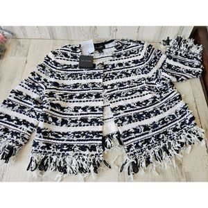 St John knit new jacket pullover women's fringe L‎ striped black blue white fun